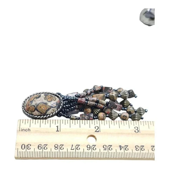 Brown Leopard Jasper Dangle Drop Boho Earrings Silver Tone Vintage - Picture 6 of 7